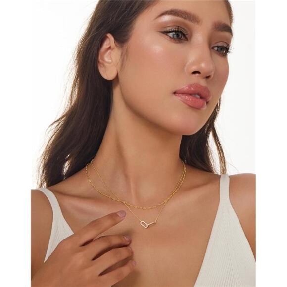 14K Gold Paperclip Pendant Necklace | Dainty Layered - Picture 3 of 5